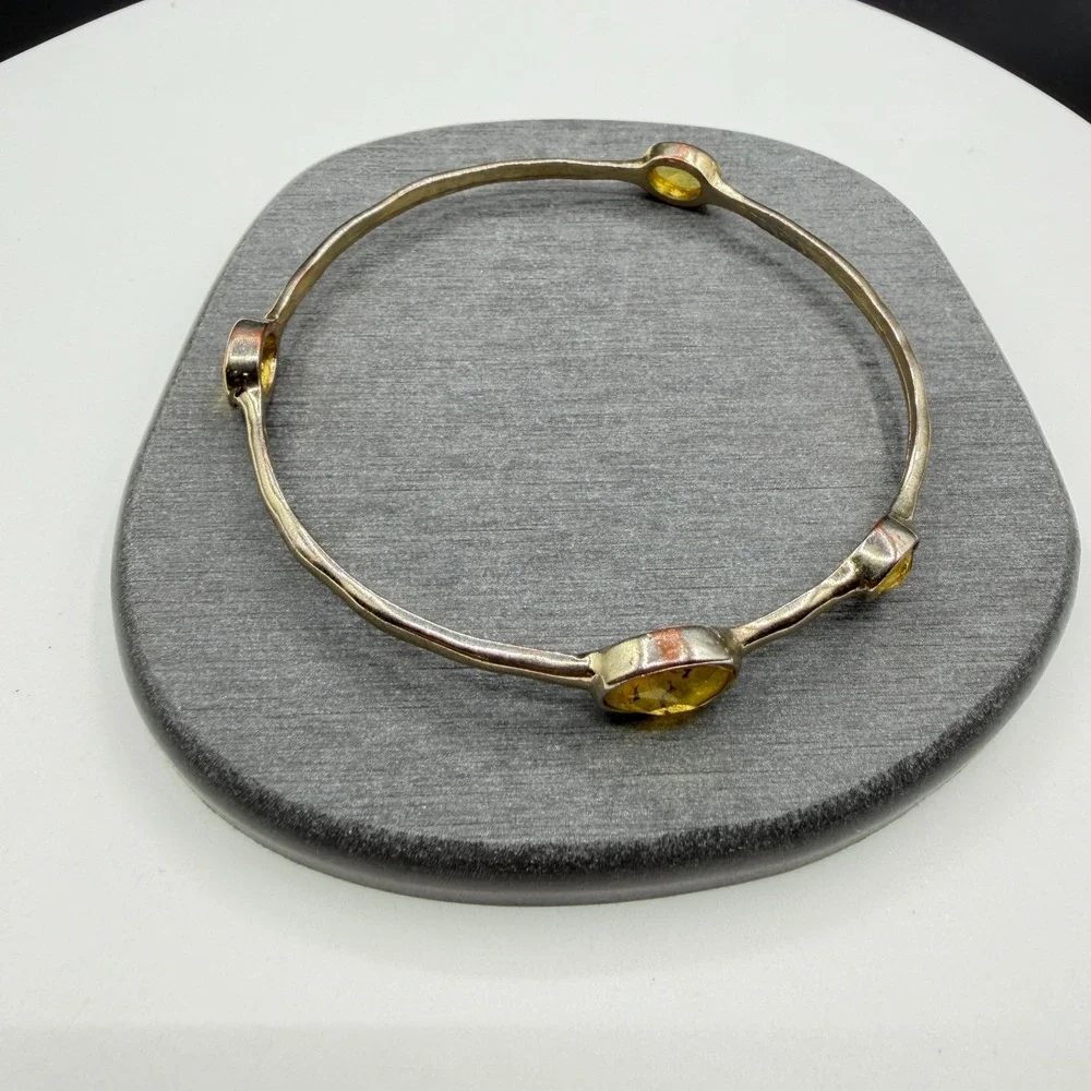 Yellow Crystal Silver Tone Bangle Bracelet Bezel Set Boho Statement Jewelry